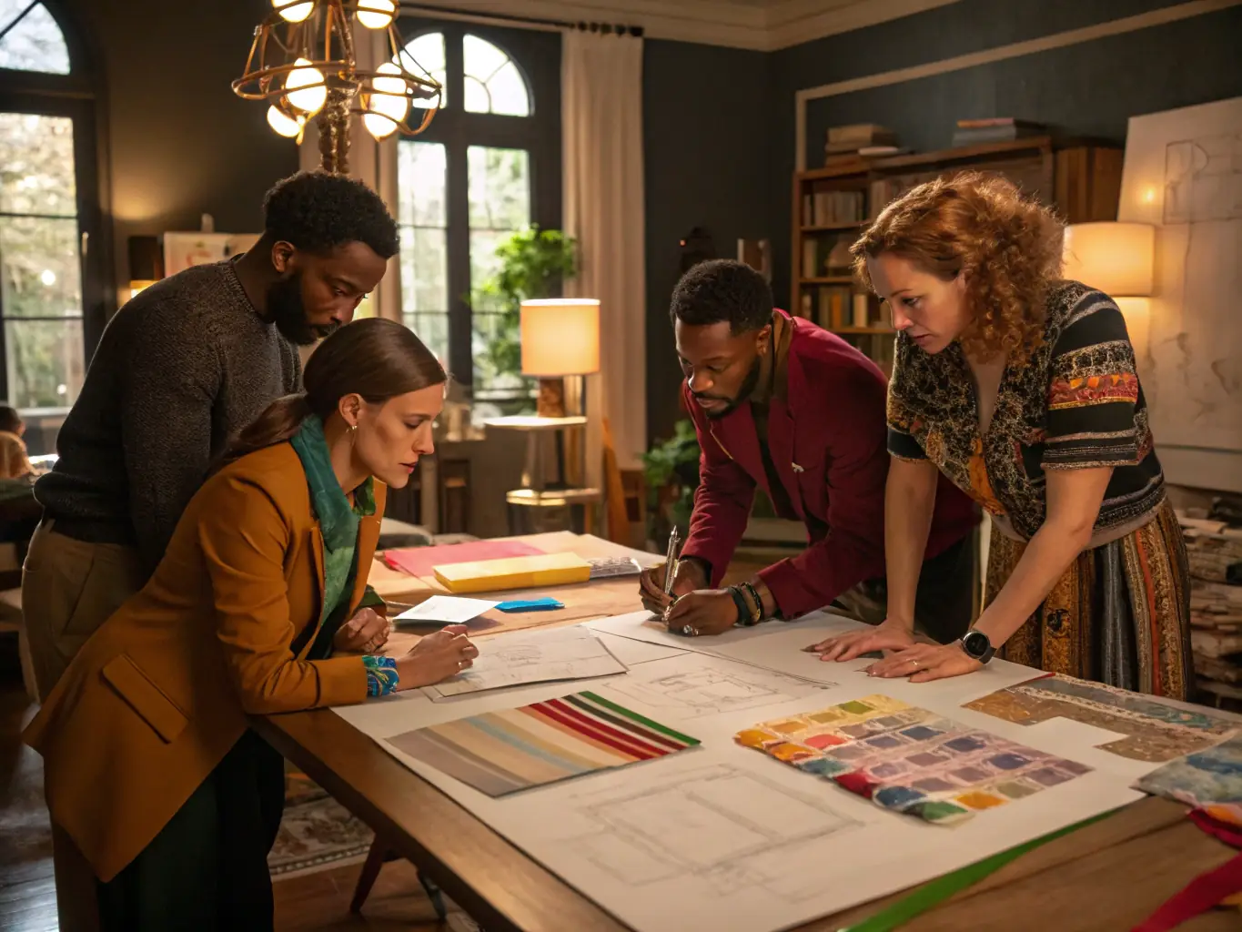 A photograph of a diverse team of Grupo Martex employees collaborating in a modern textile design studio, showcasing innovation and teamwork.