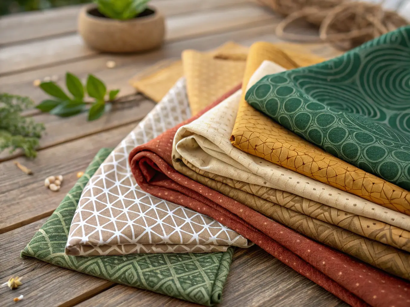 An image showing a variety of sustainably produced textiles, highlighting eco-friendly materials and processes used in their creation.