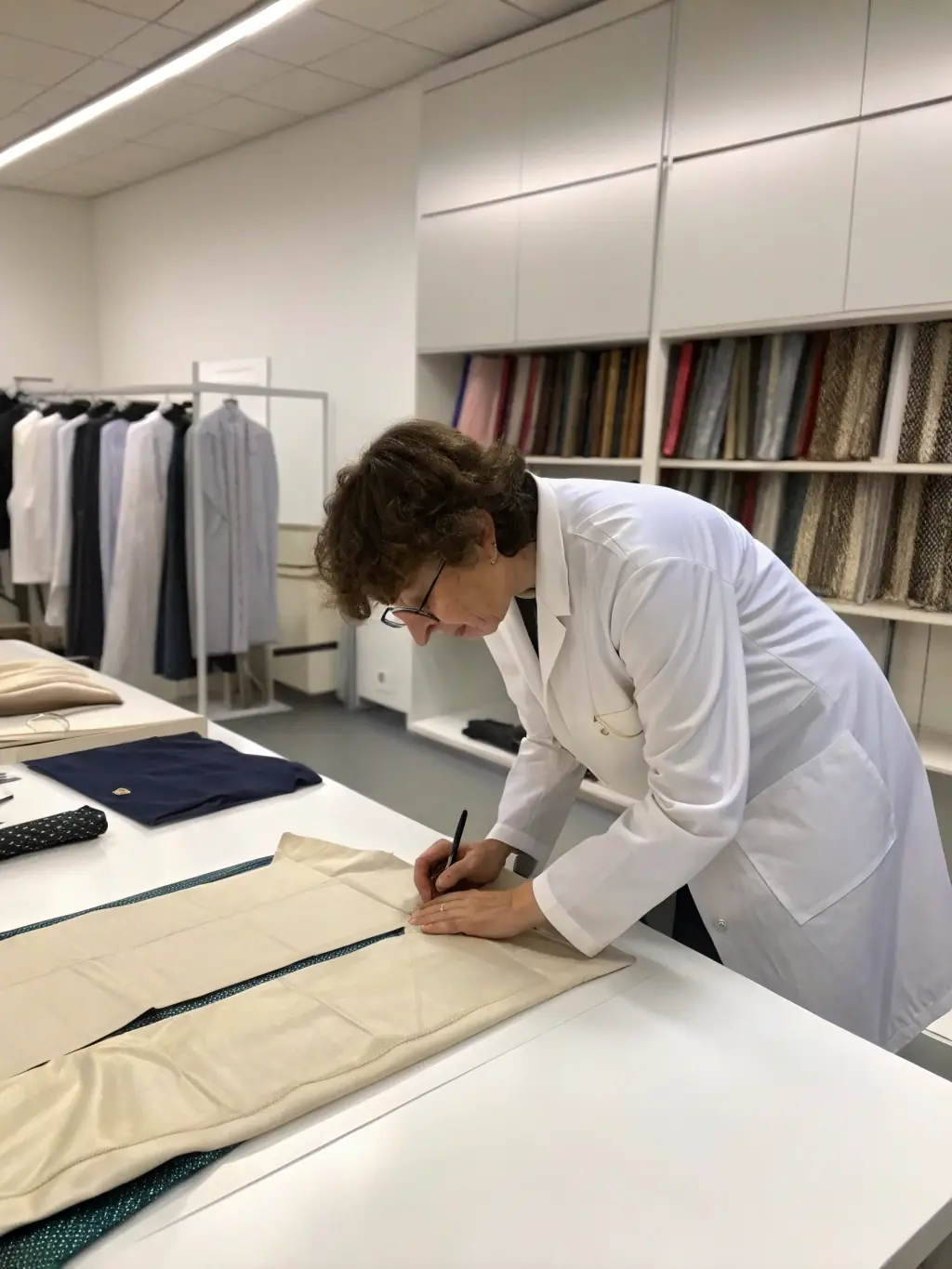 An image showing a laboratory setting with textile experts conducting quality control tests on various fabric samples, ensuring adherence to strict standards.
