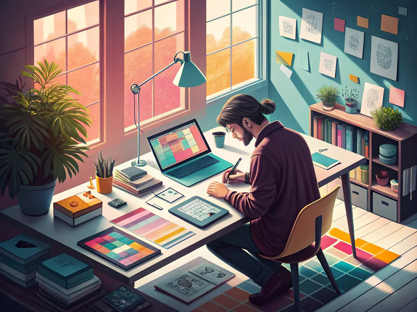 A high-quality image depicting a textile designer working on a digital design interface, showcasing the initial stages of custom textile creation with advanced software.