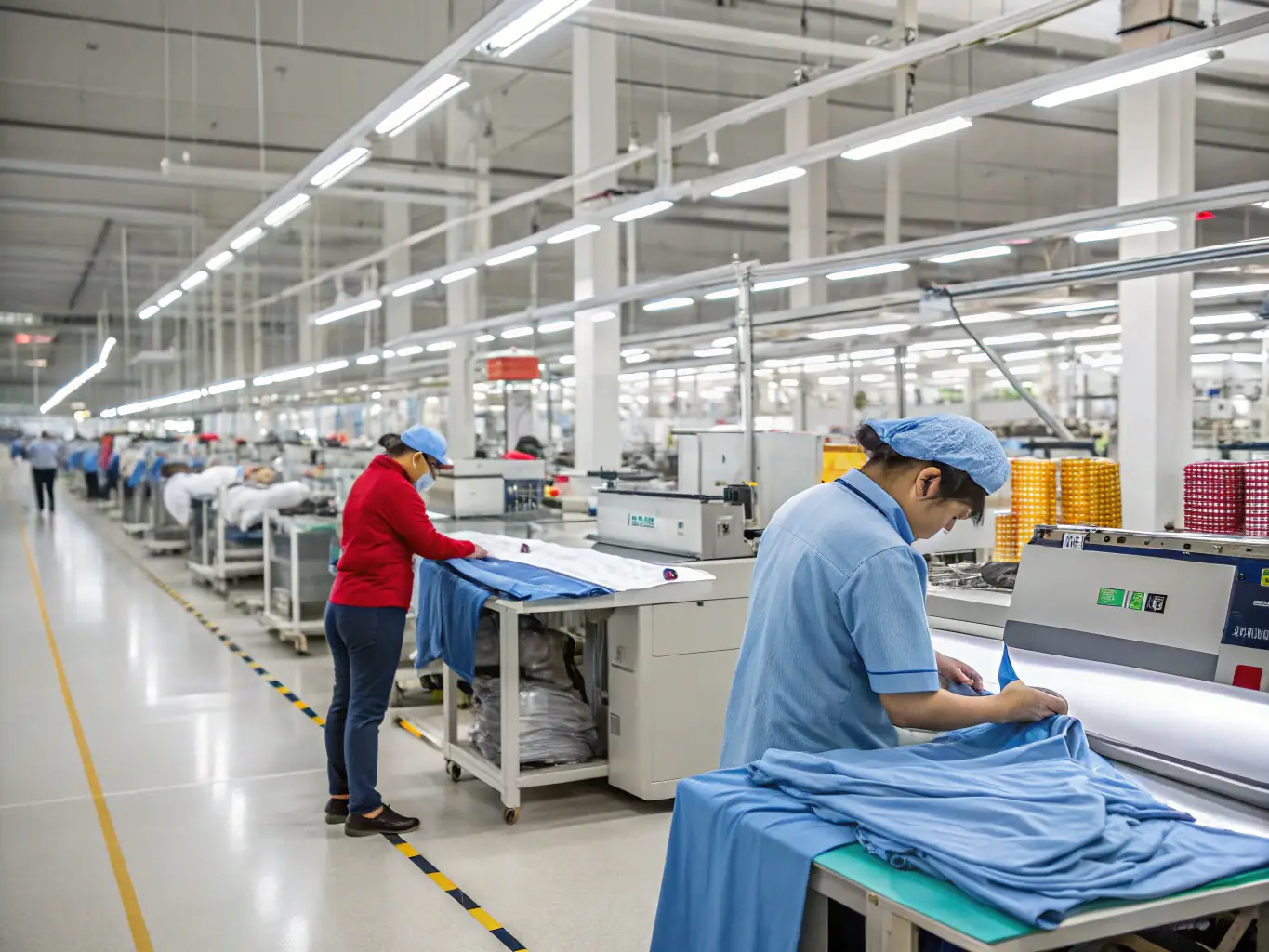A photograph showcasing a state-of-the-art textile manufacturing facility with advanced machinery producing high-quality fabrics efficiently.