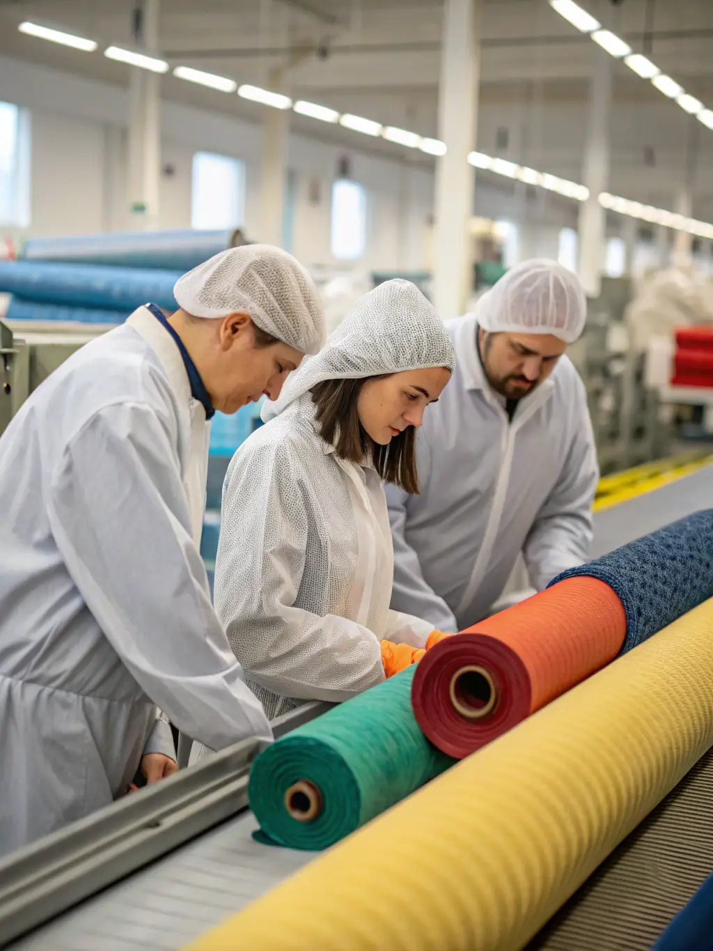 A high-quality image depicting the process of custom textile manufacturing, showcasing skilled workers operating advanced machinery to create bespoke fabrics.